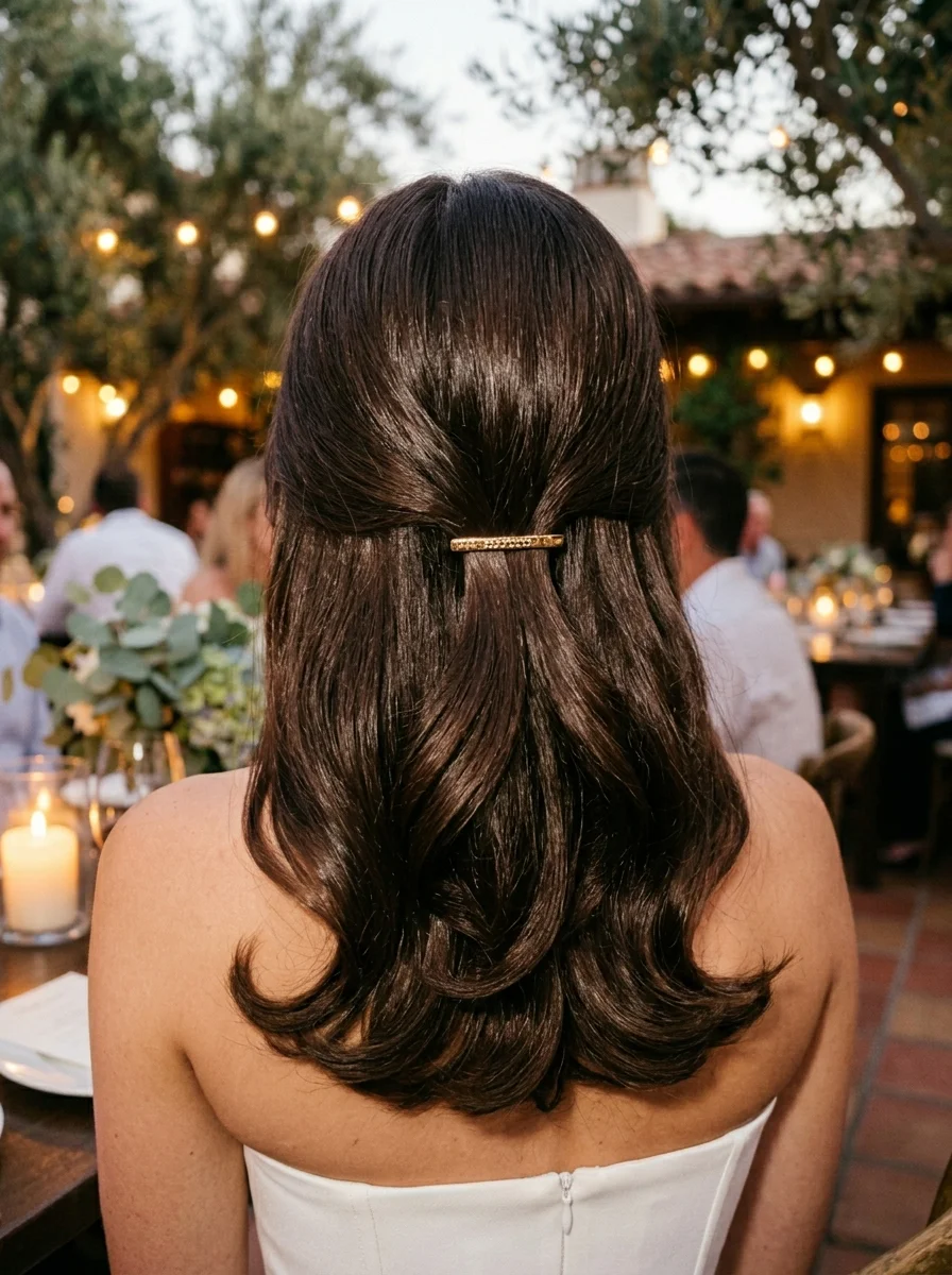 Elegant Half-Up Waves with a Chic Barrette