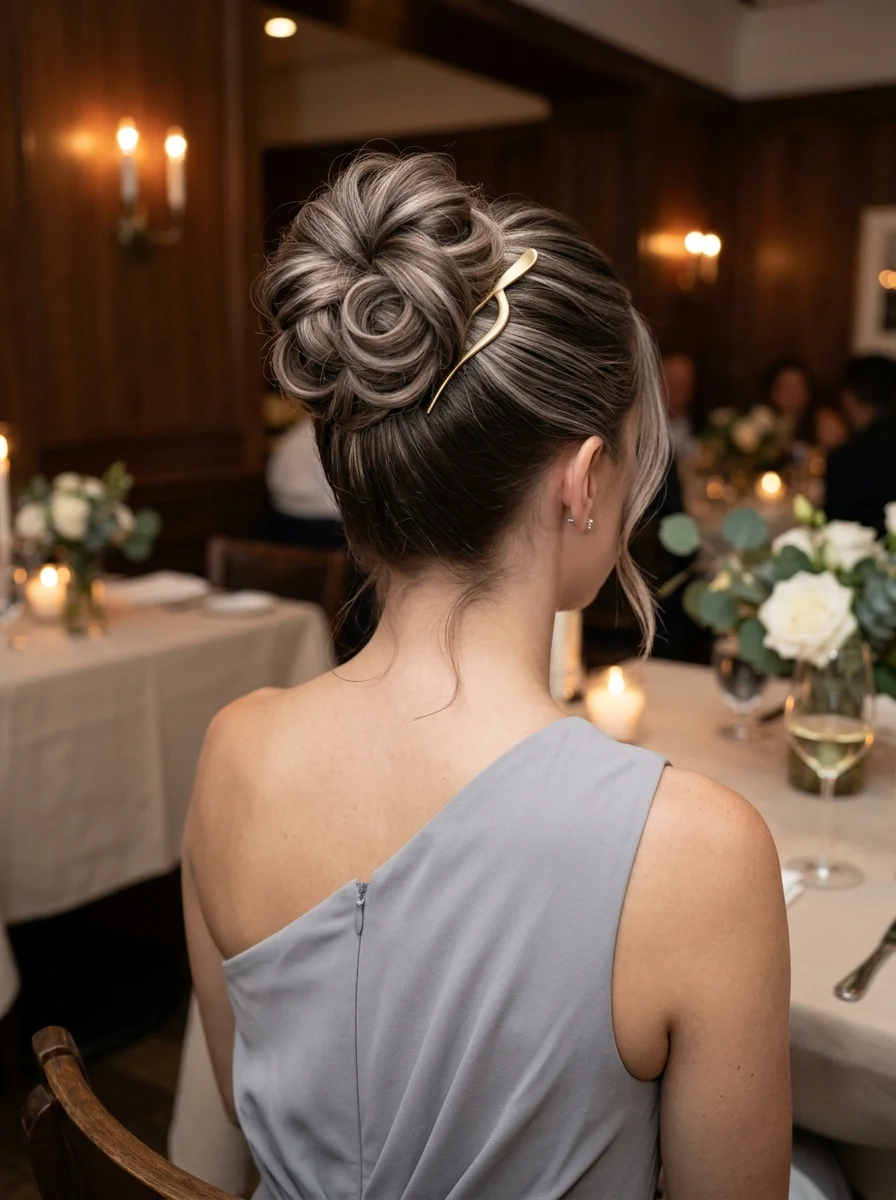 Elegant Swirl Updo with Golden Accent