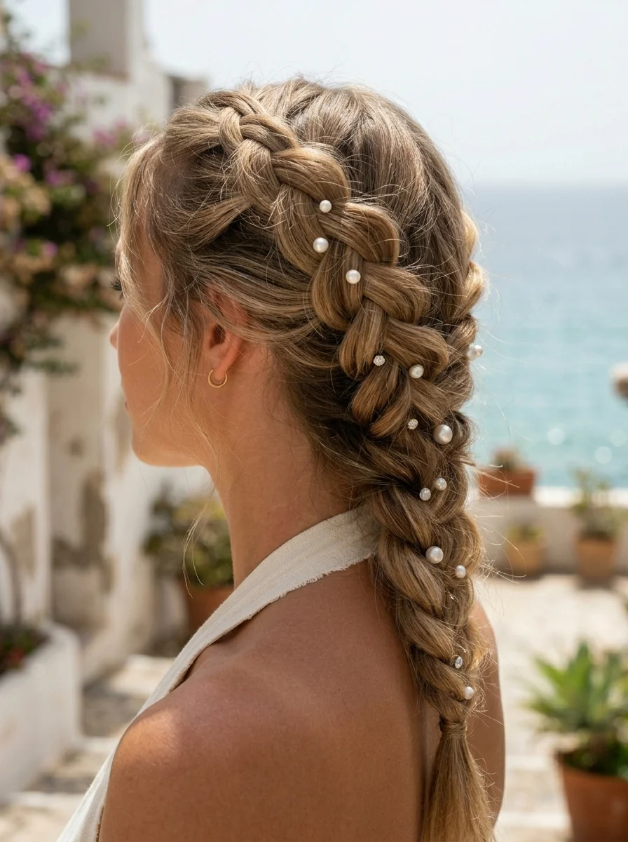 Pearl-Adorned Dutch Braid with Soft, Tousled Texture