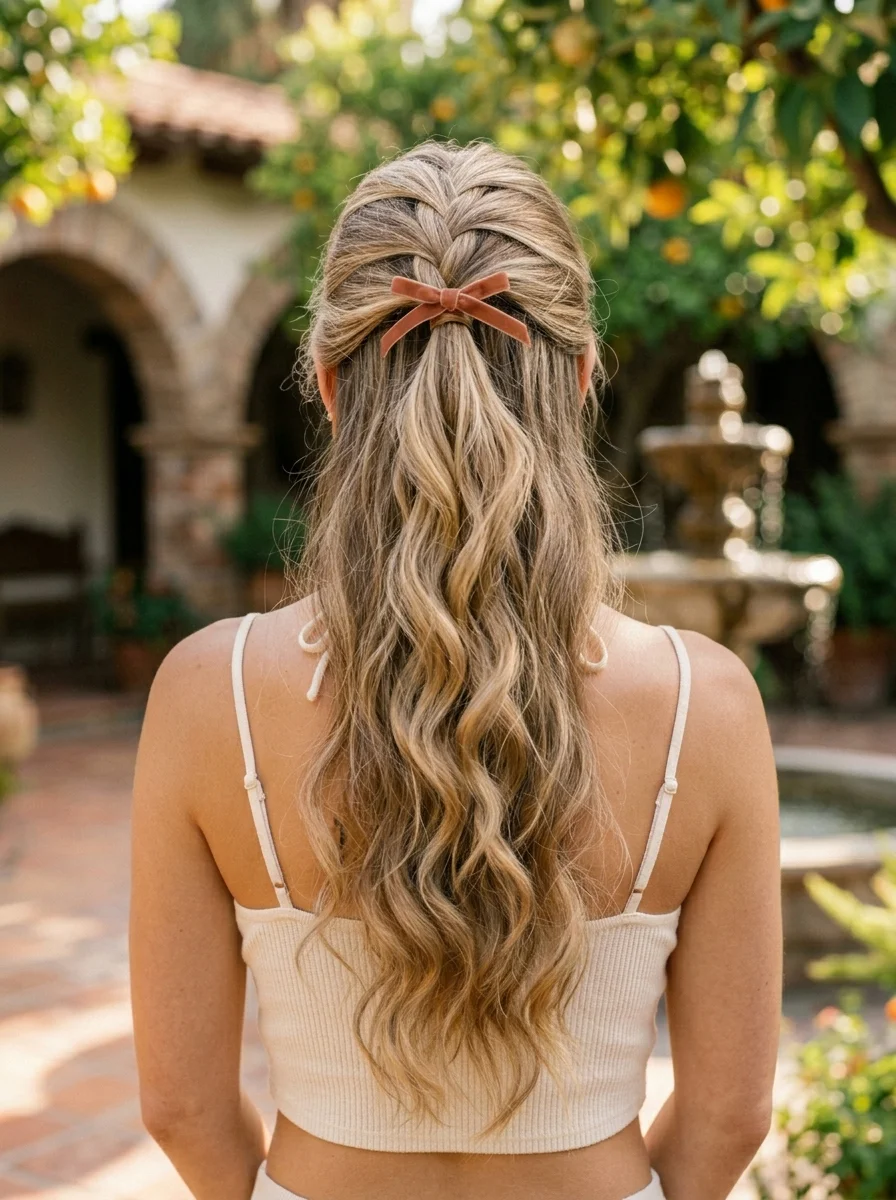 Elegant Braided Half-Up with Velvet Bow