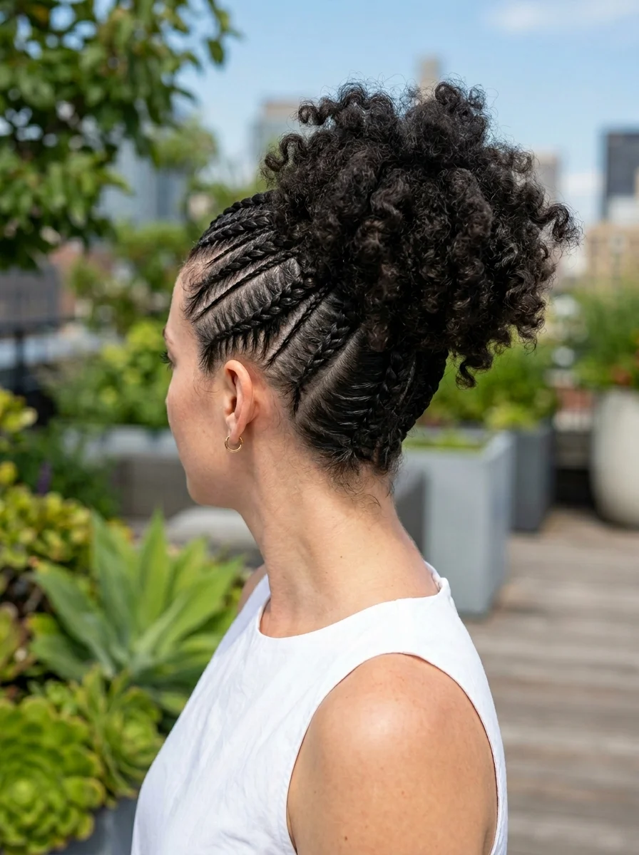 Sleek Cornrows into a High Curly Puff