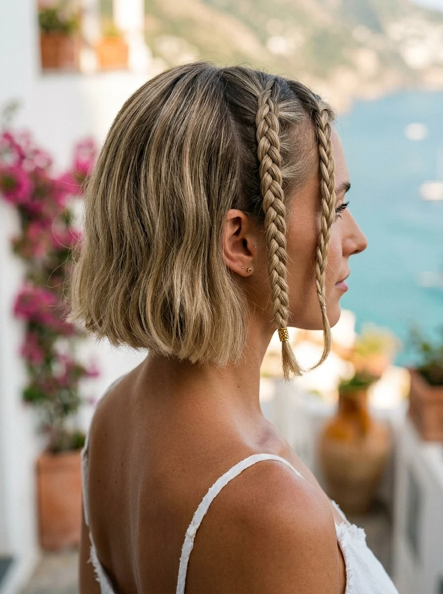 Textured Bob with Accent Braids & Gold Beads