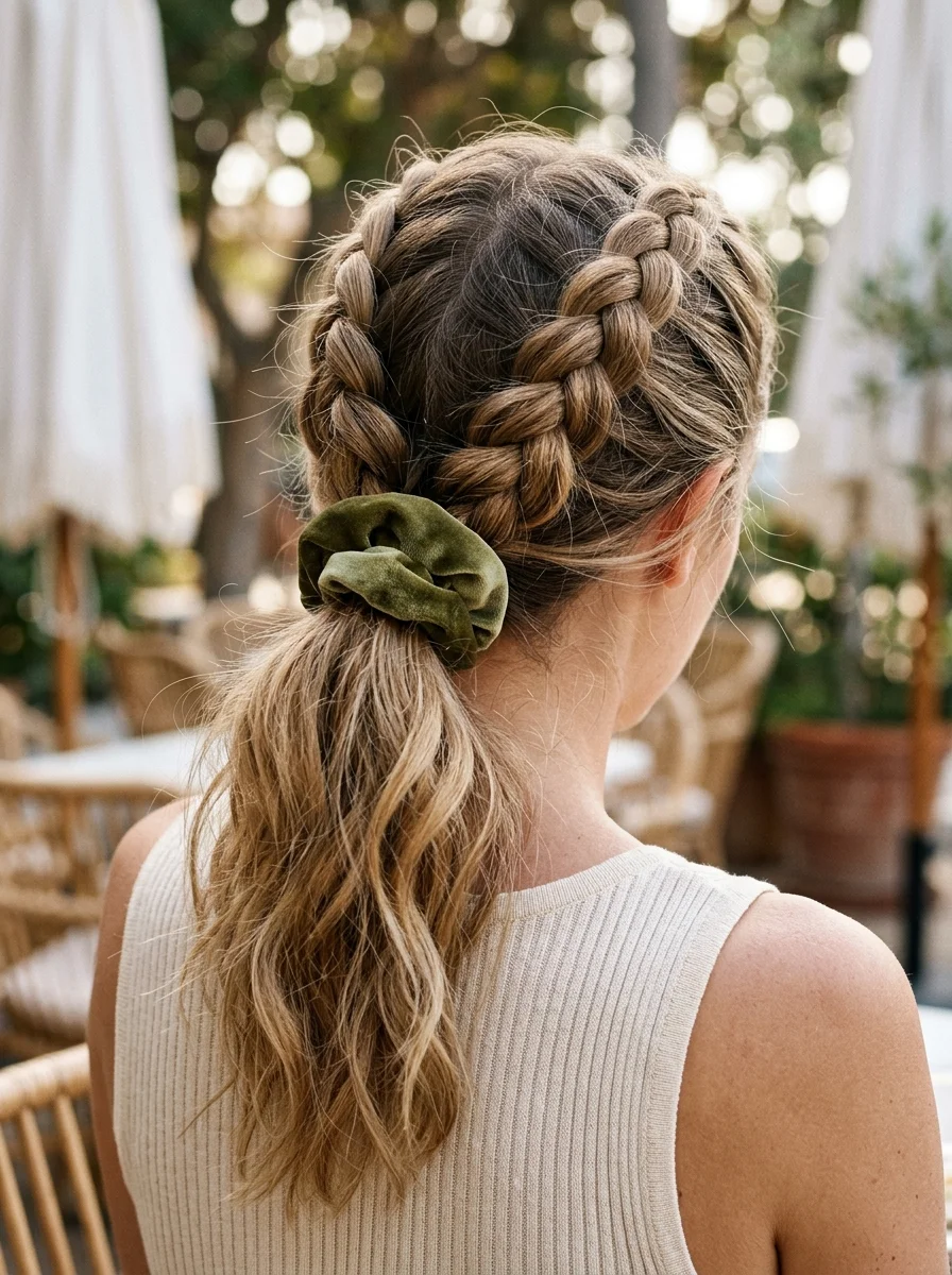 Double Crown Braids with a Wavy Ponytail