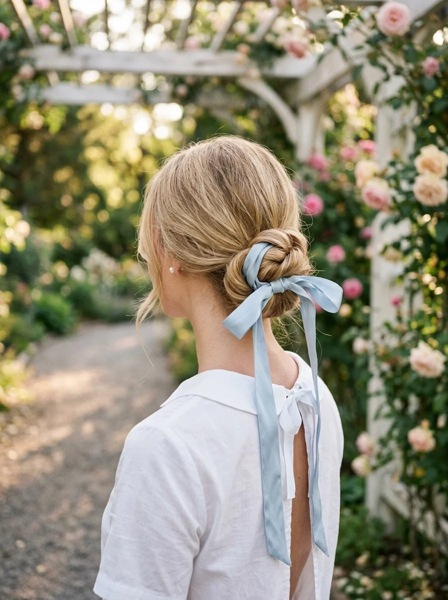 Elegant Braided Bun with Sky Blue Ribbon
