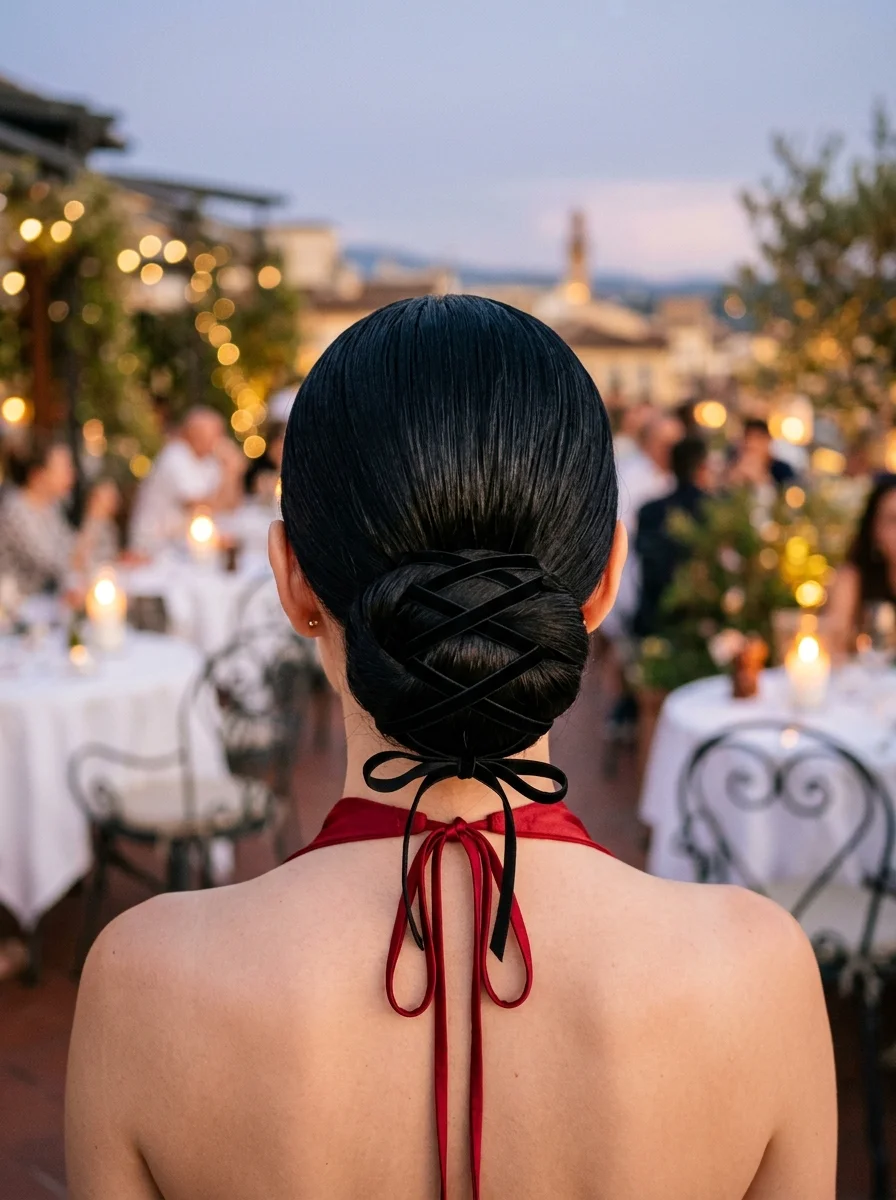 Elegant Evening Updo with Velvet Ribbon Detail