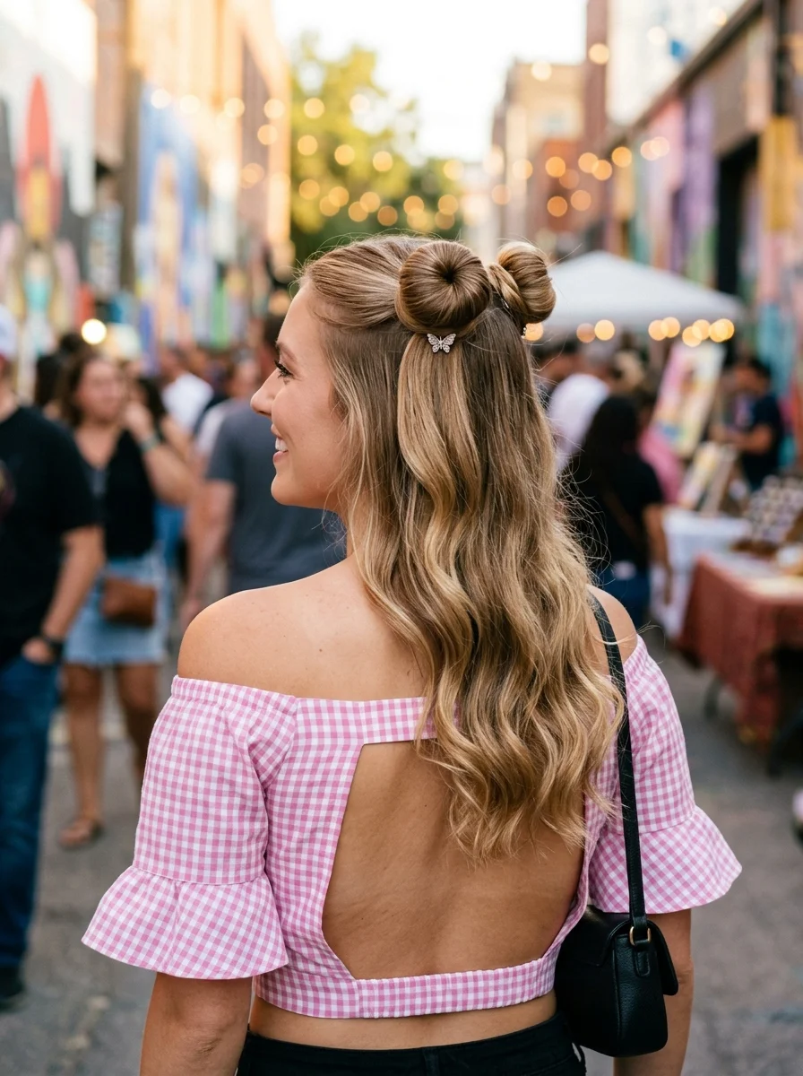 Double High Space Buns with Beachy Waves
