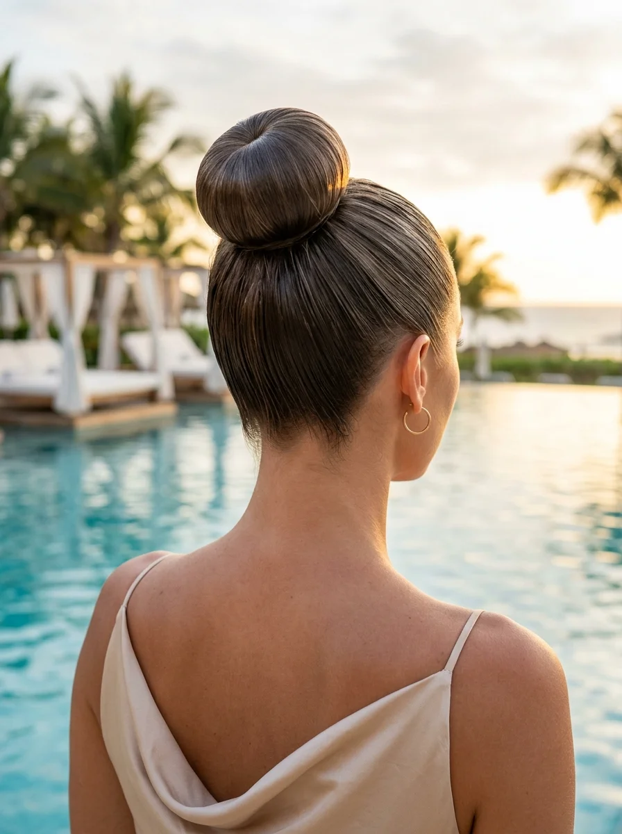 Sleek High Bun with a Poolside Glow