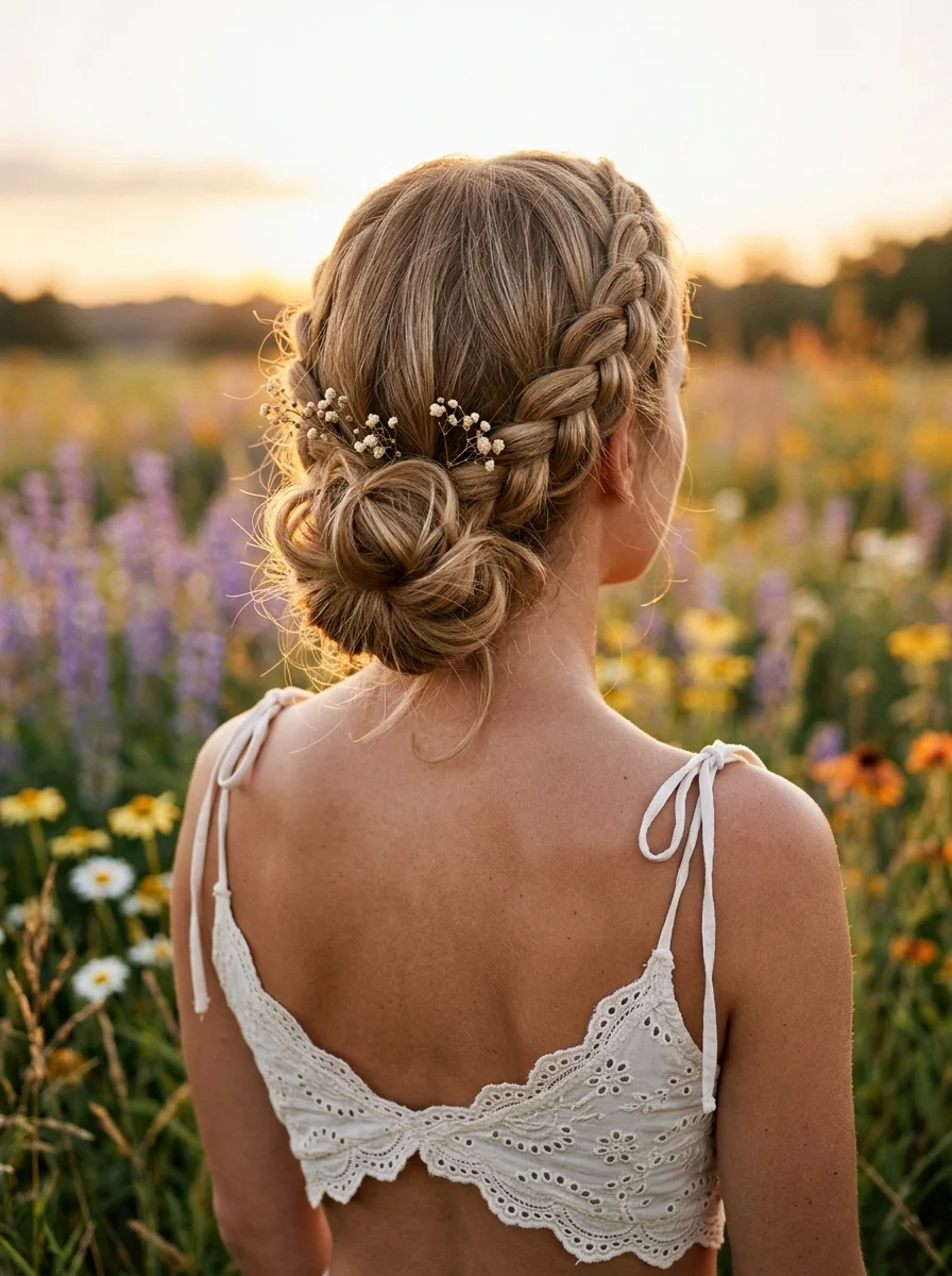 Bohemian Crown Braid with a Low, Textured Bun