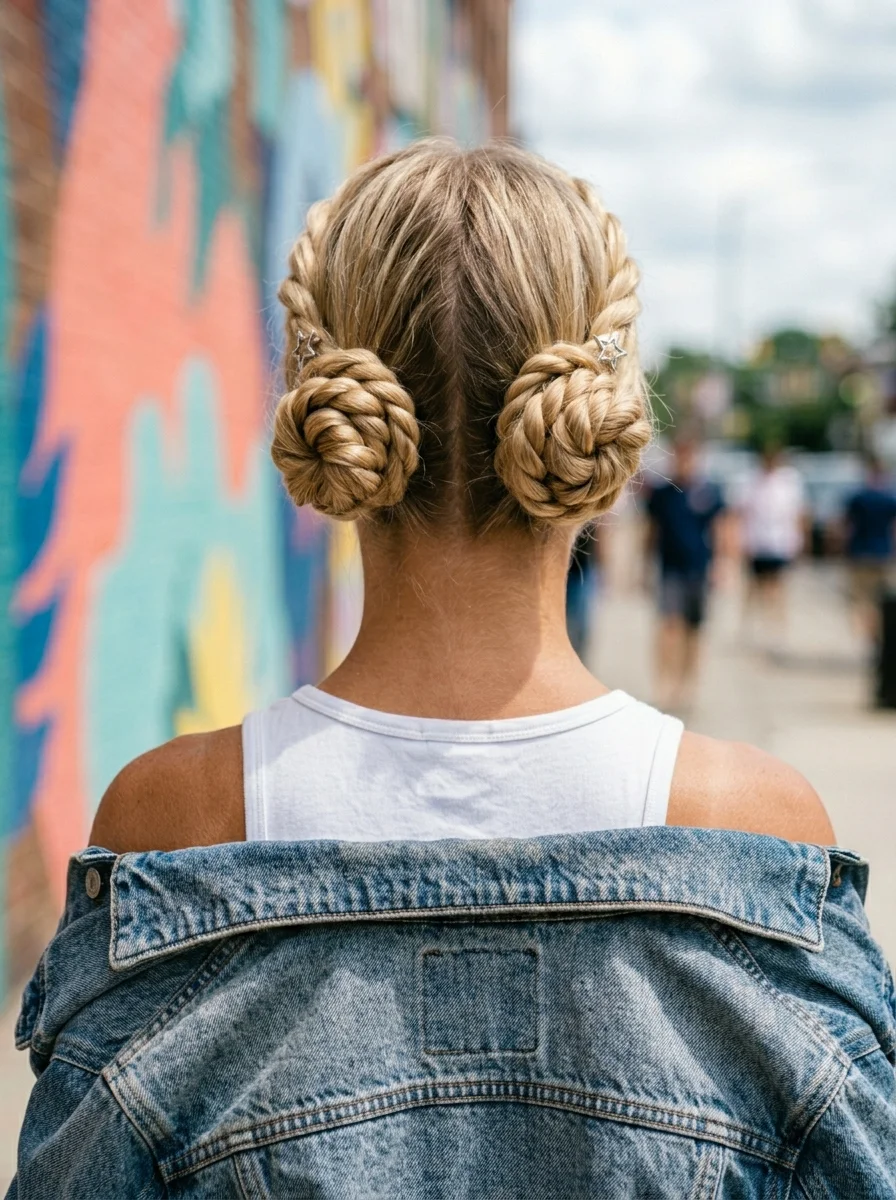 Braided Double Buns with Star Charms