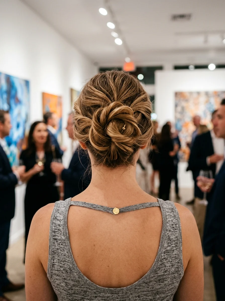 Elegant Twisted Rose Bun with Golden Pin Accent