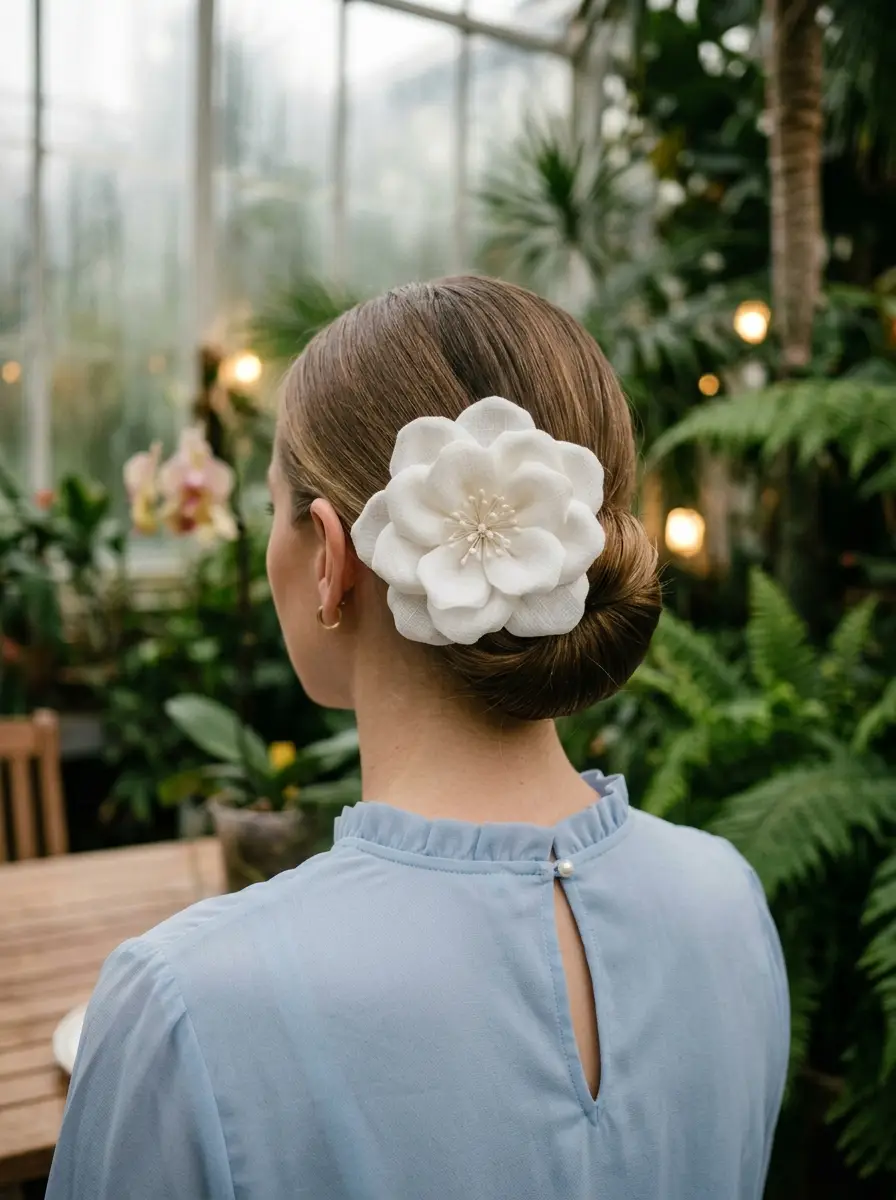Sleek Low Bun with Statement Flower