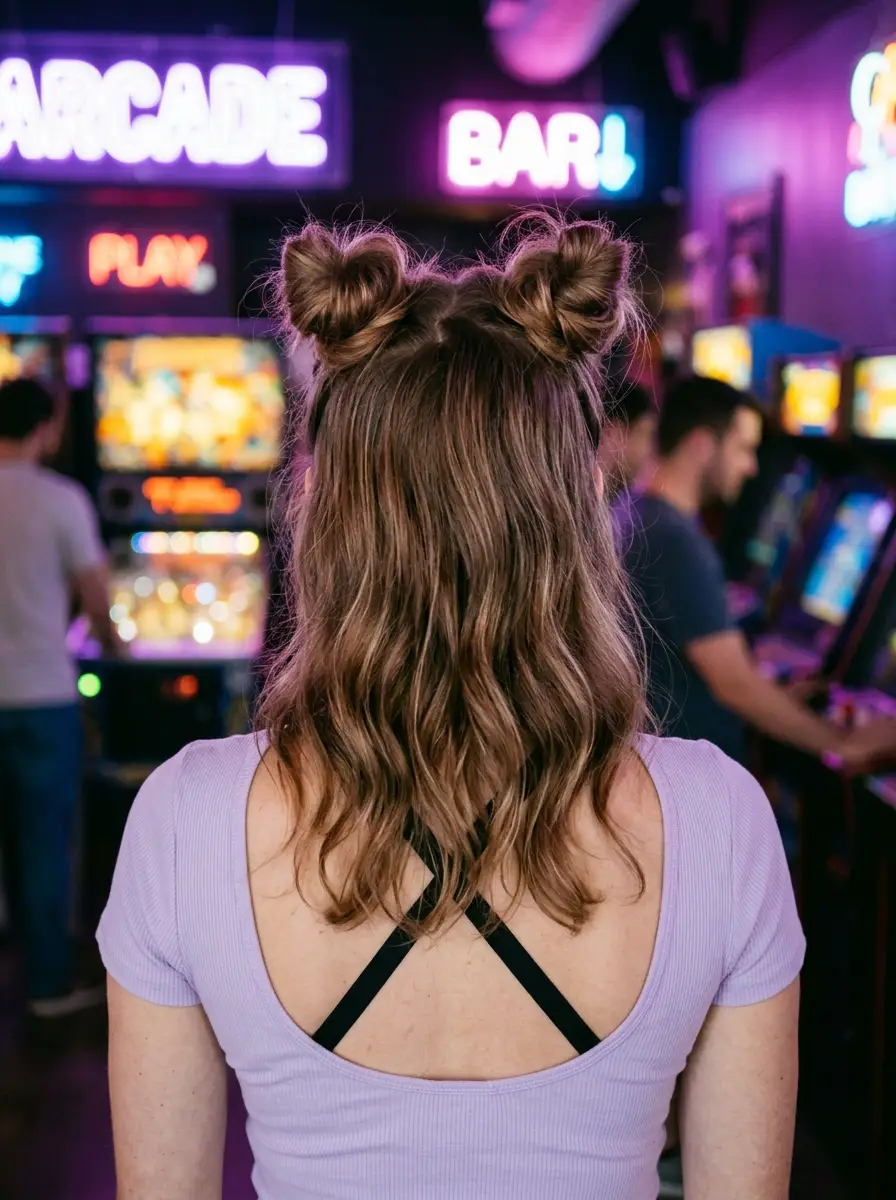Playful Double Space Buns with Loose Waves
