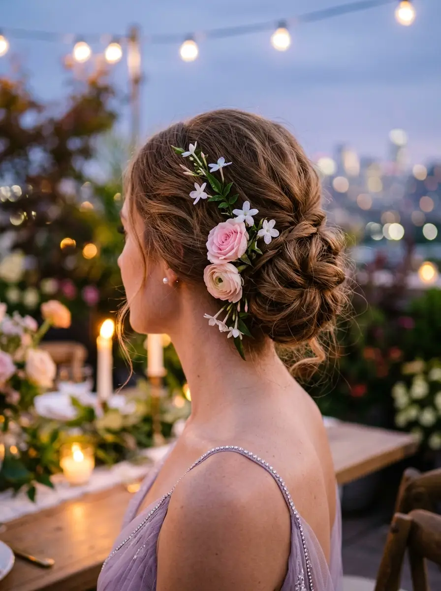 Romantic Braided Updo with Fresh Flowers
