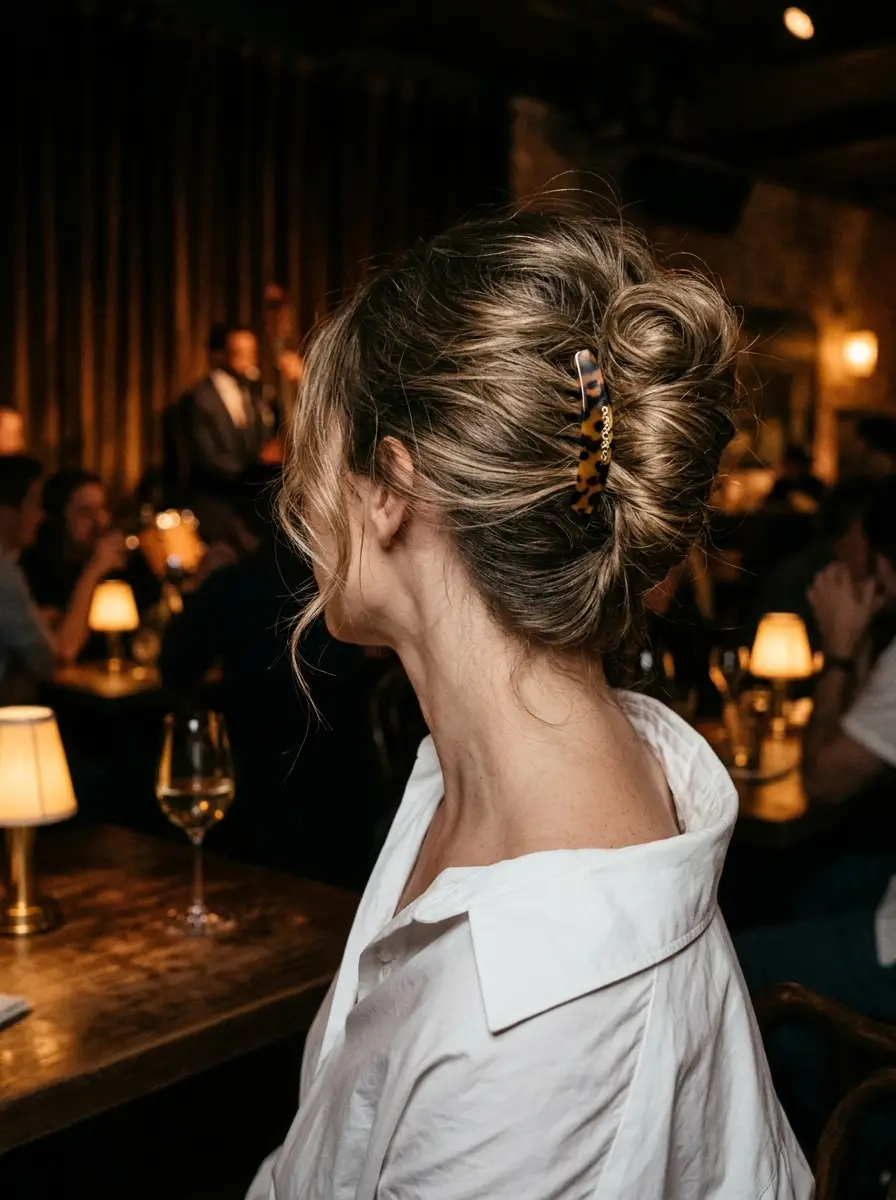 Effortless Tousled Updo with Chic Claw Clip Accent