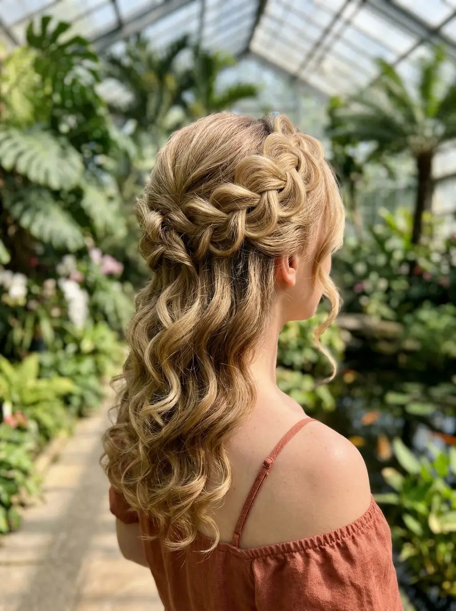 Romantic Braided Crown Half-Up with Cascading Waves