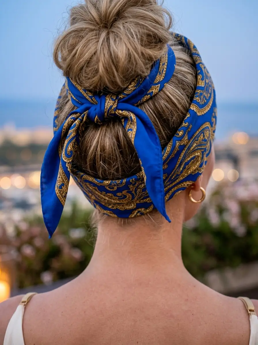 Chic Messy Bun with a Bold Bandana