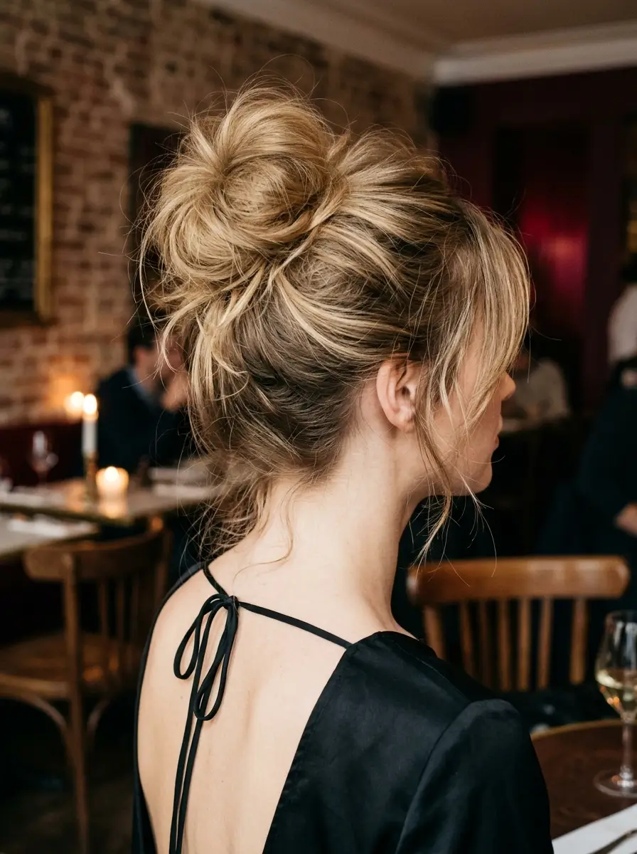 Effortless Chic Messy Bun with Wispy Bangs