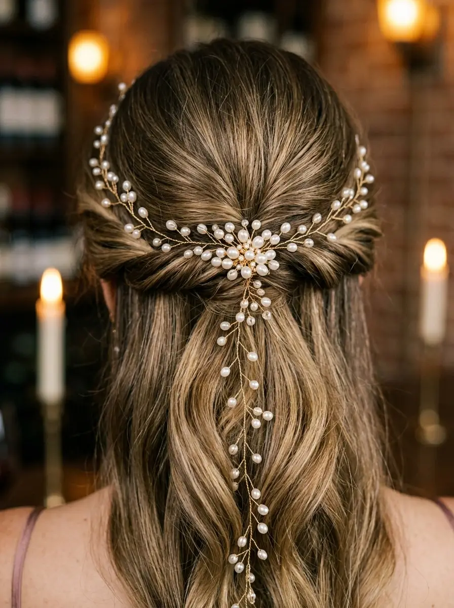 Bohemian Pearl & Gold Twig Half-Up Hairstyle
