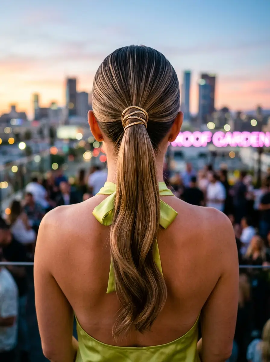 Sleek High Ponytail with a Golden Twist