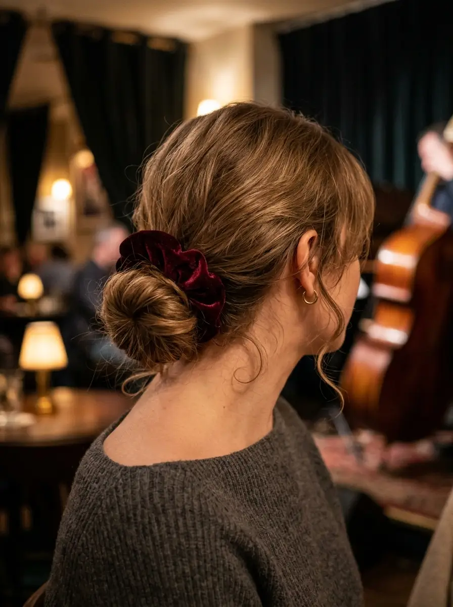 Velvet Scrunchie Low Bun with Wispy Strands
