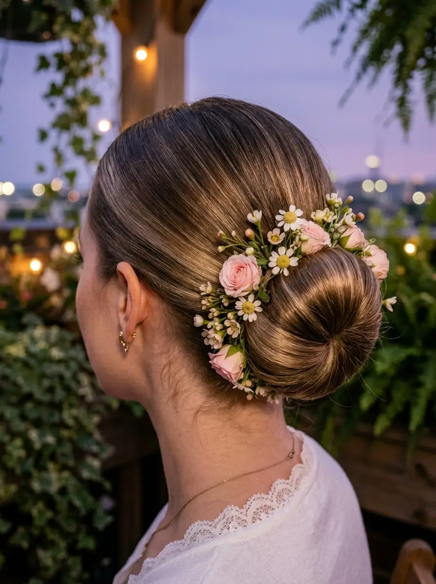 Romantic Rose and Daisy Chignon with a Crown of Fresh Blooms