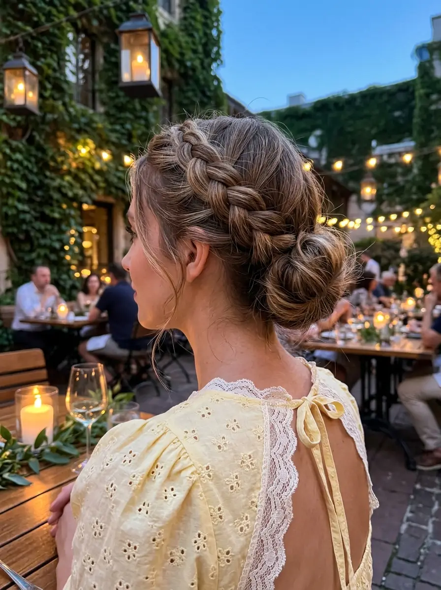 Braided Crown with a Messy Low Bun