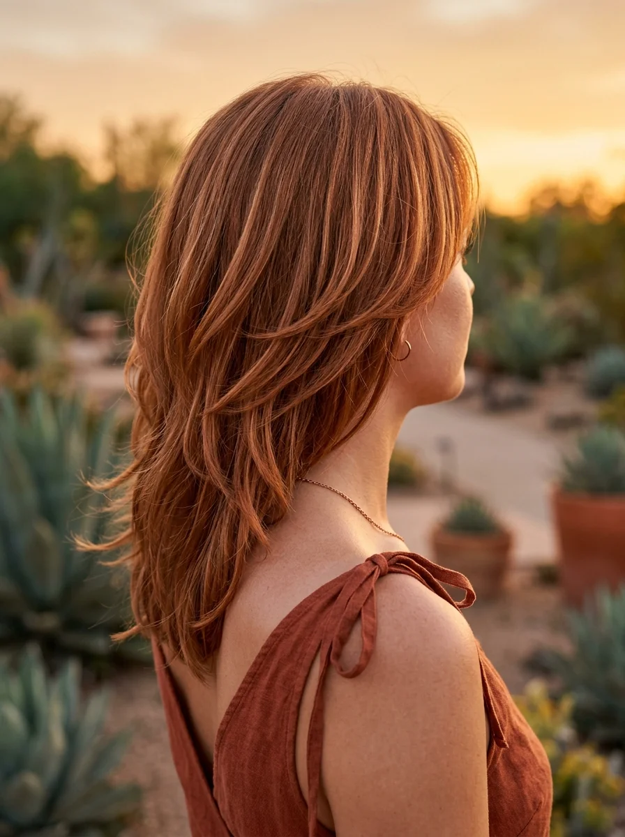Copper Shag with Textured Layers and Wispy Bangs