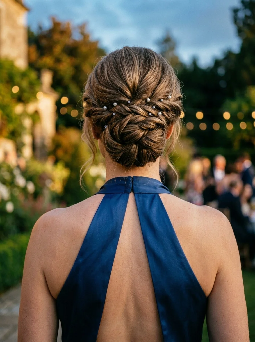 Elegant Twisted Updo with Pearl Pins