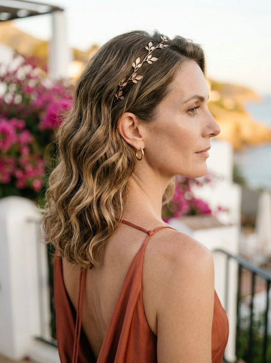 Soft Beach Waves with a Grecian Leaf Headband