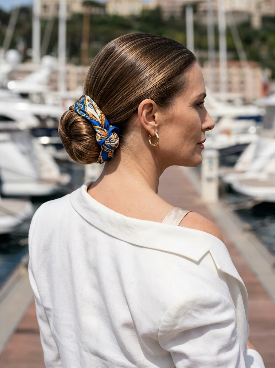 Sleek High Bun with a Chic Scarf Wrap