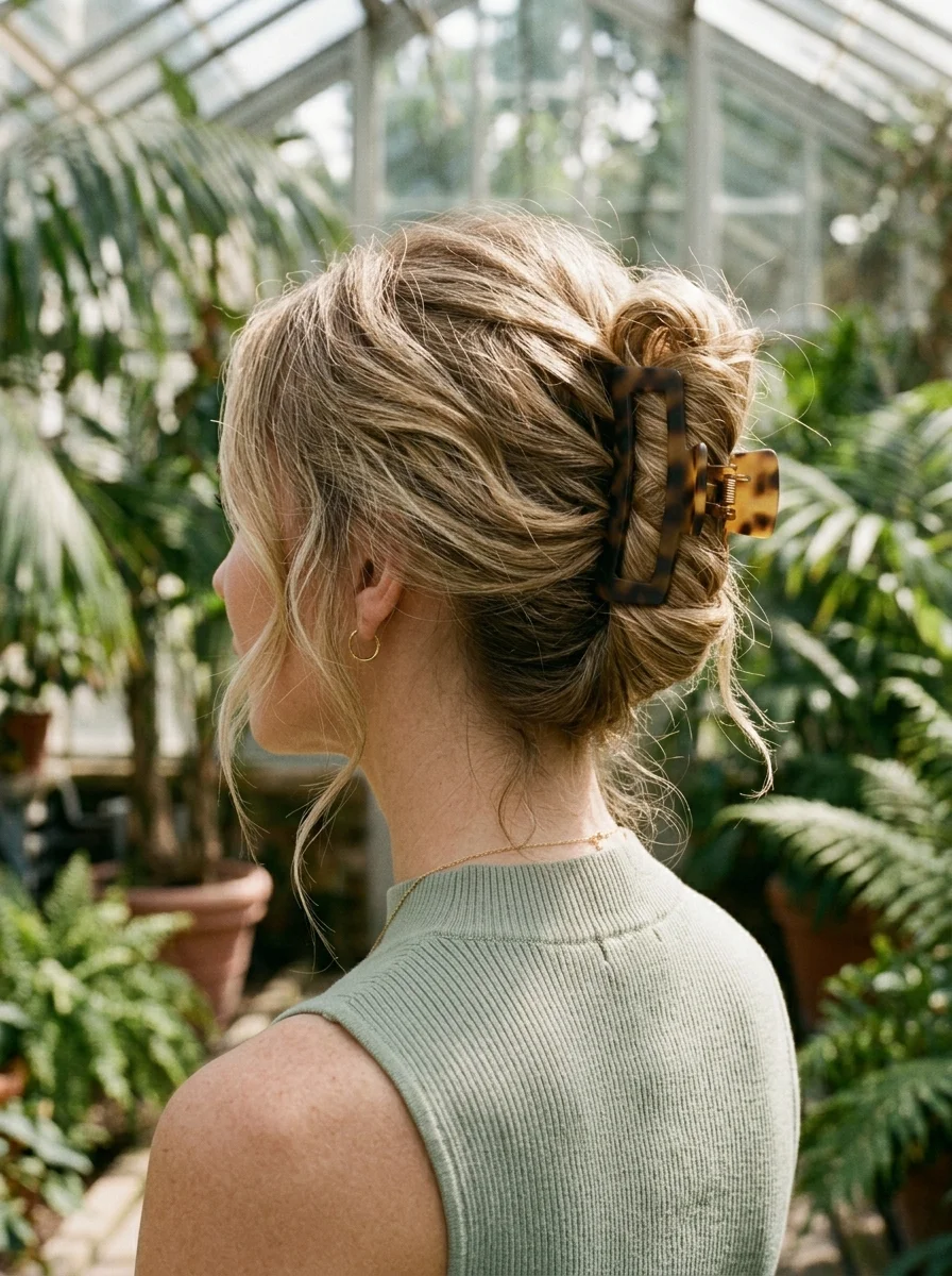 Romantic Messy Updo with Tortoiseshell Claw Clip