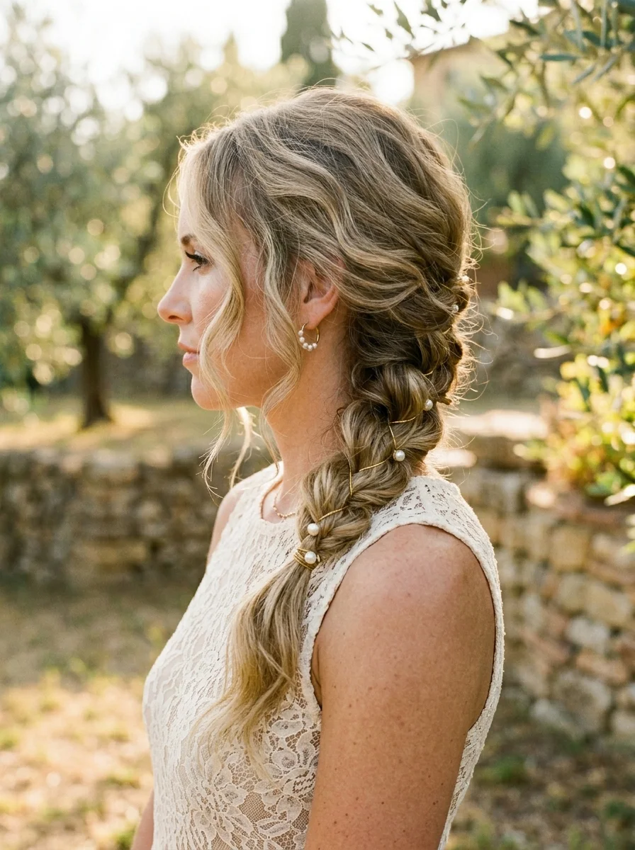 Romantic Side-Swept Braid with Pearls