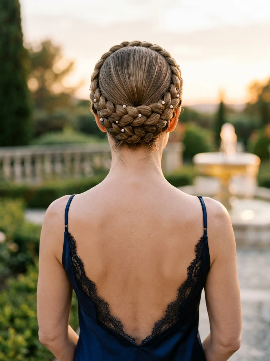 Intricate Crown Braid Updo with Pearls