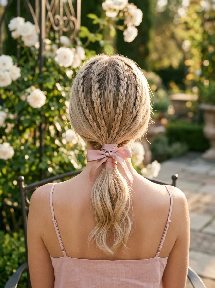 Braided Crown Low Ponytail with Ribbon