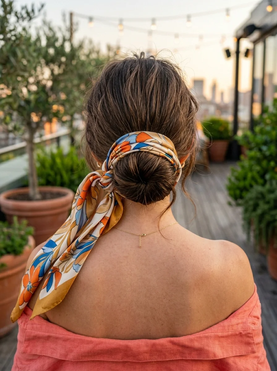 Chic Scarf Bun with a Vintage Floral Twist