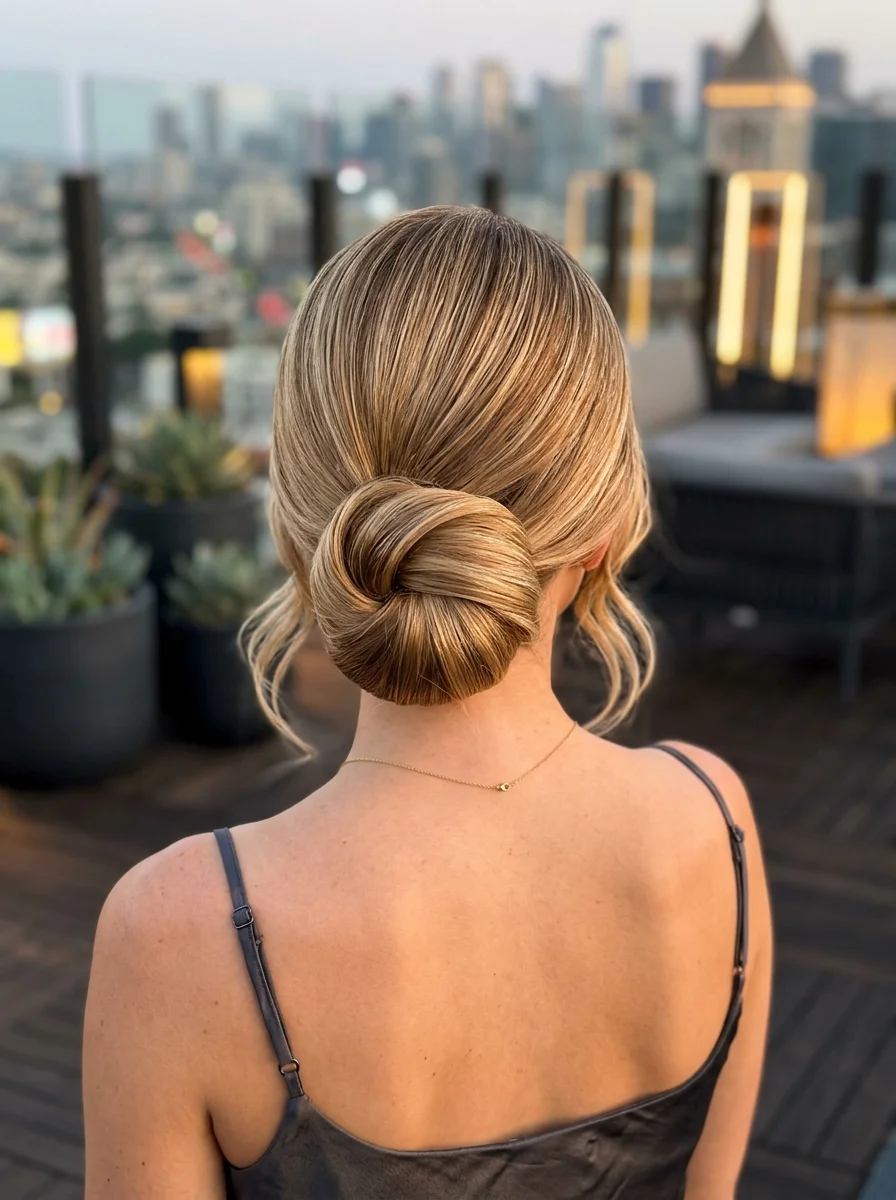 Elegant Twisted Low Bun with Loose Strands