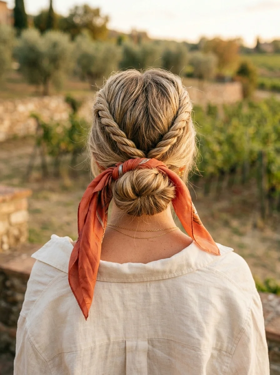 Braided Crown Bun with Silky Scarf Accent