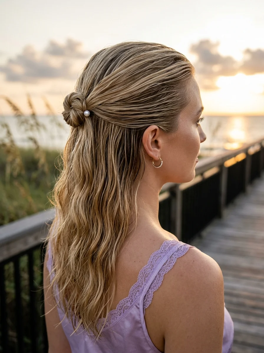 Wet Look Half-Up Twist with Pearl Accent