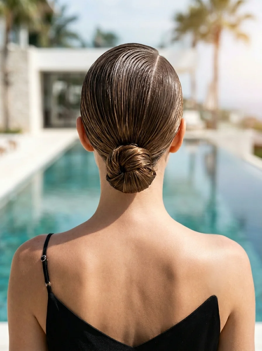 Sleek Wet-Look Low Bun with Deep Side Part