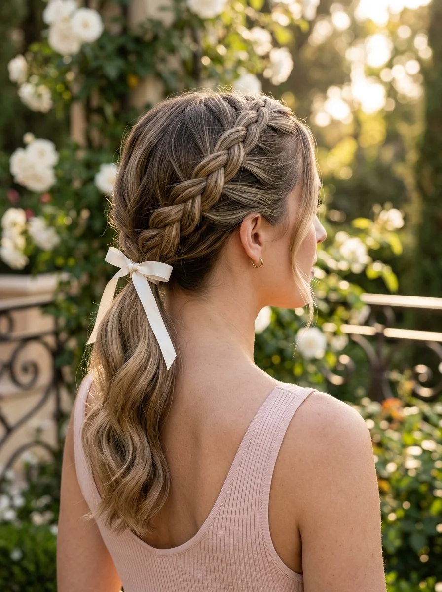 Braided Crown with a Low Ponytail and Ribbon