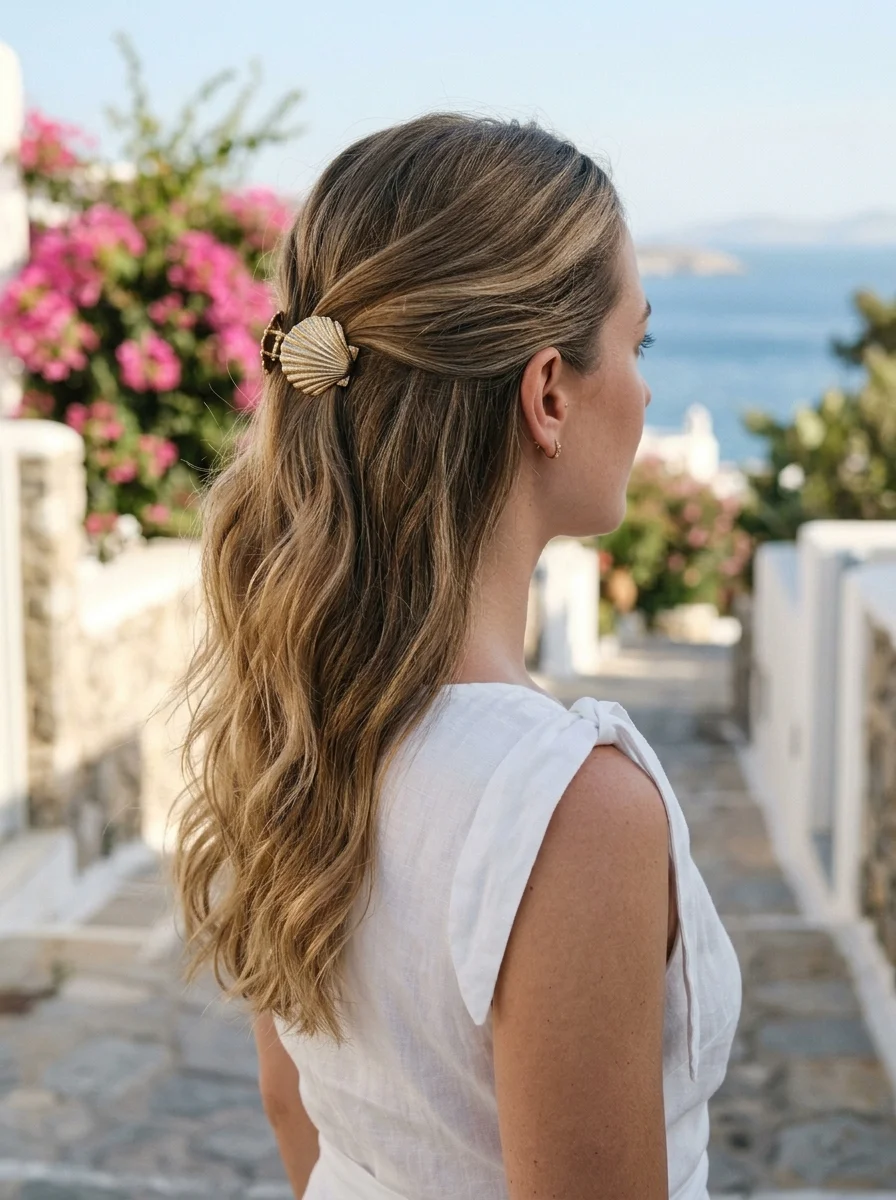 Effortless Beach Waves Half-Up with Seashell Clip