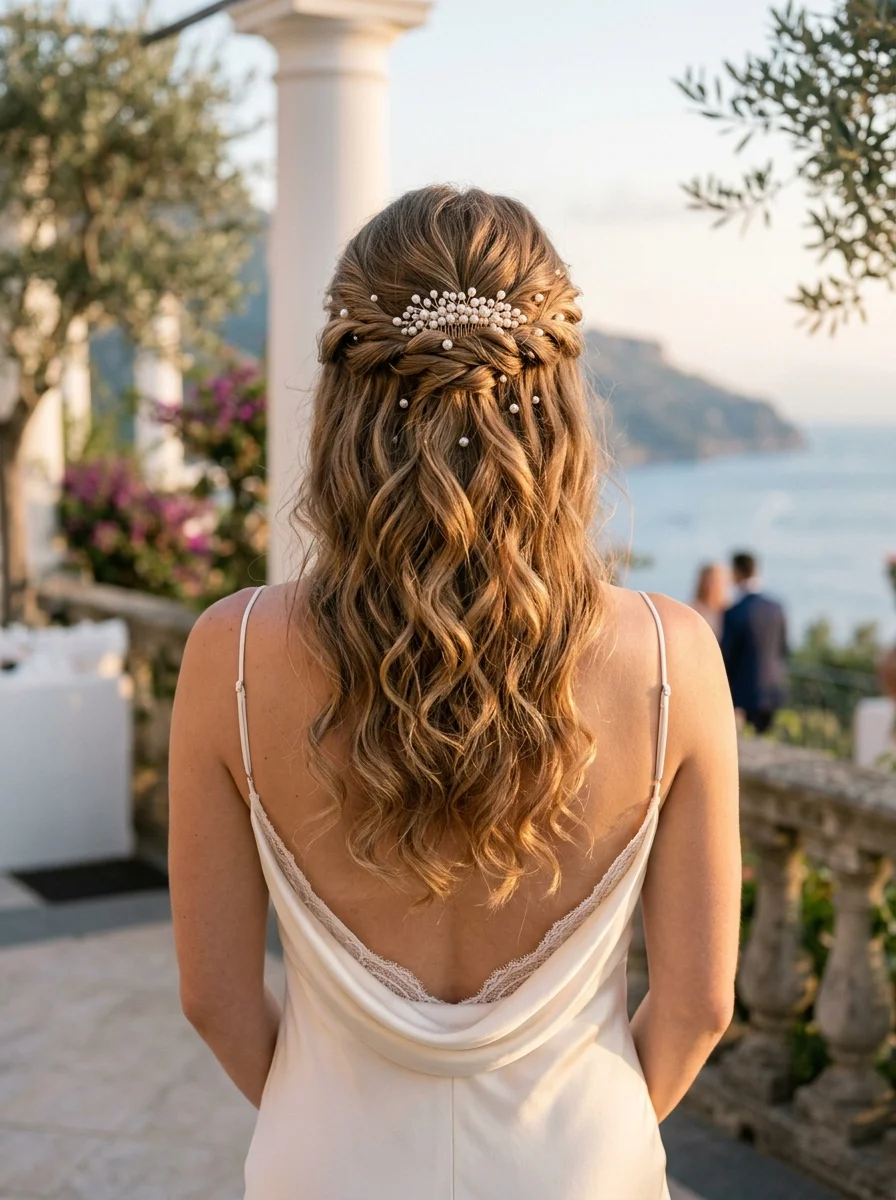 Twisted Crown Half-Up with Cascading Curls and Pearl Embellishments