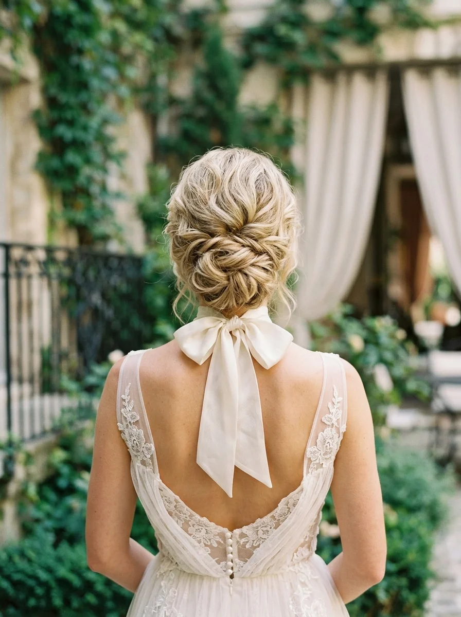 Romantic Braided Updo with a Chic Bow Accent