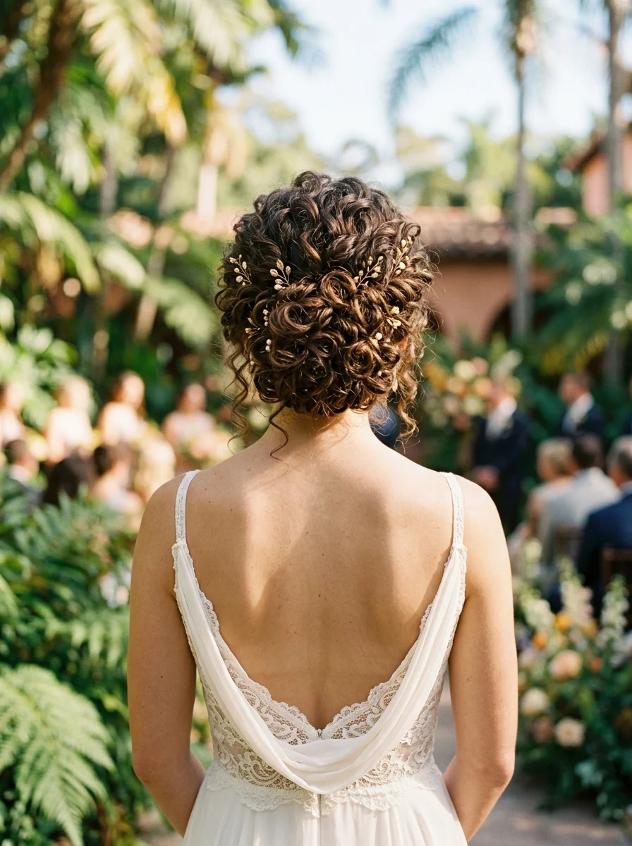 Romantic Curly Updo with Pearl Accents