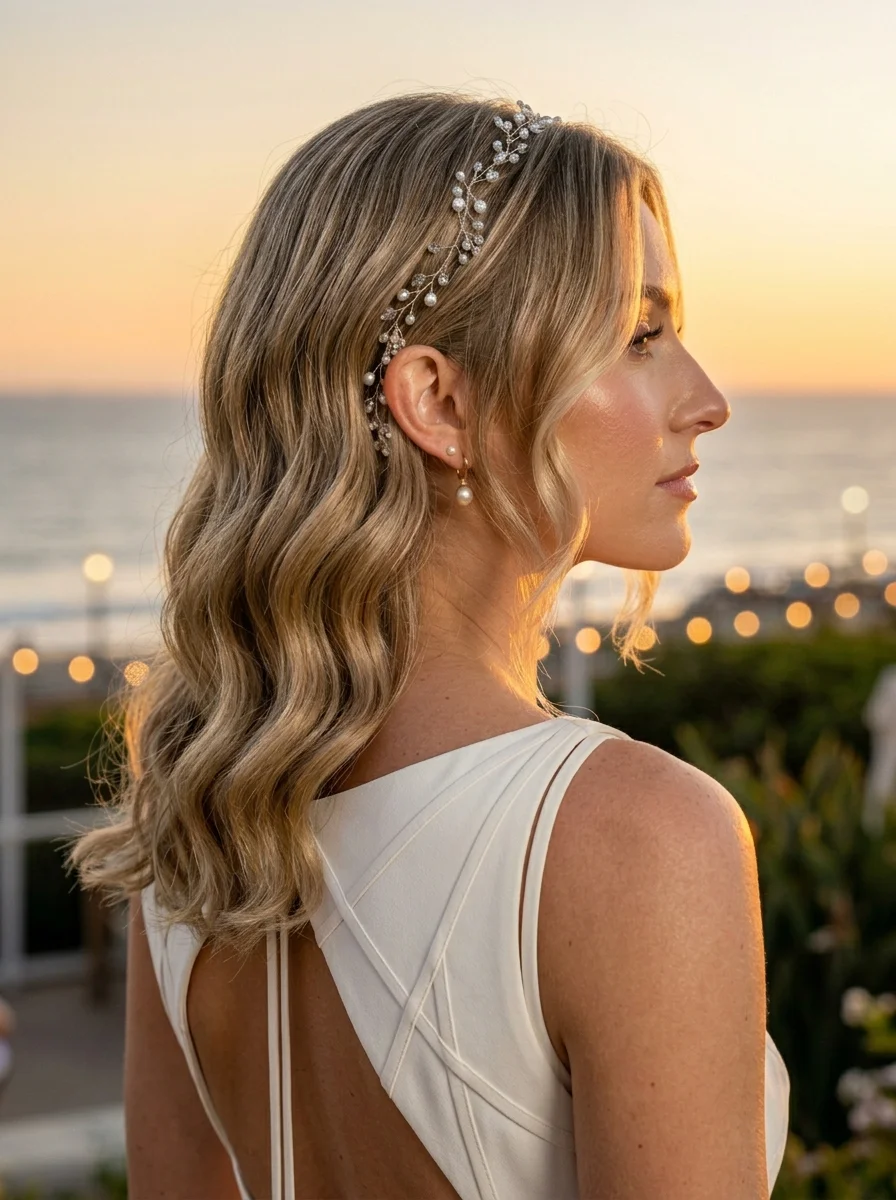 Sun-Kissed Waves with a Delicate Pearl Headband
