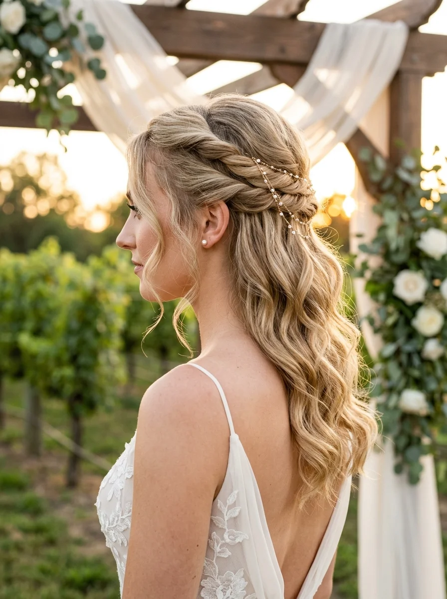 Braided Crown Half-Up with Cascading Waves