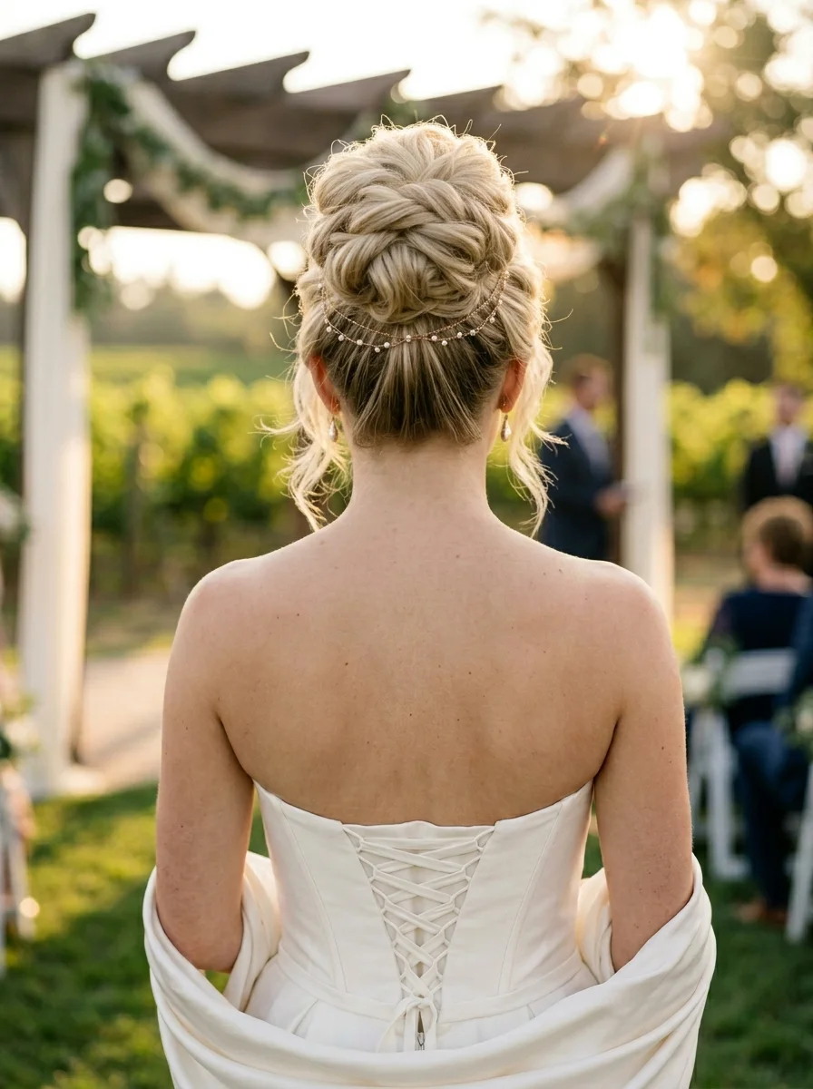 Textured Braided Updo with Pearl Hair Vine