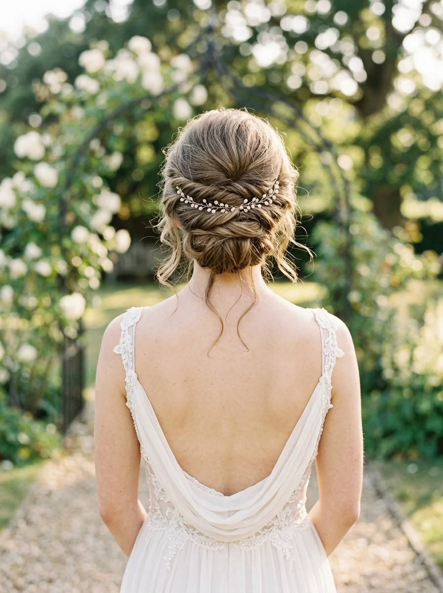 Twisted Crown Updo with Delicate Pearl Vine