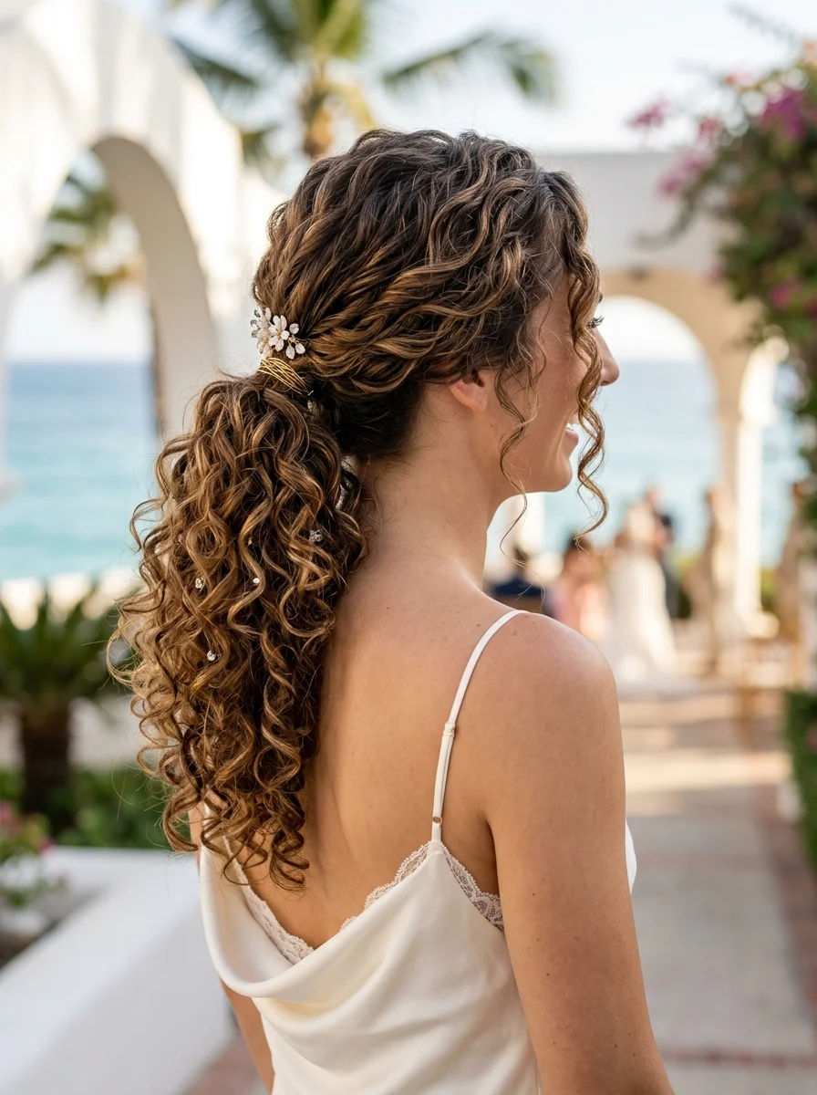 Boho Curls Low Ponytail with Sparkling Accents