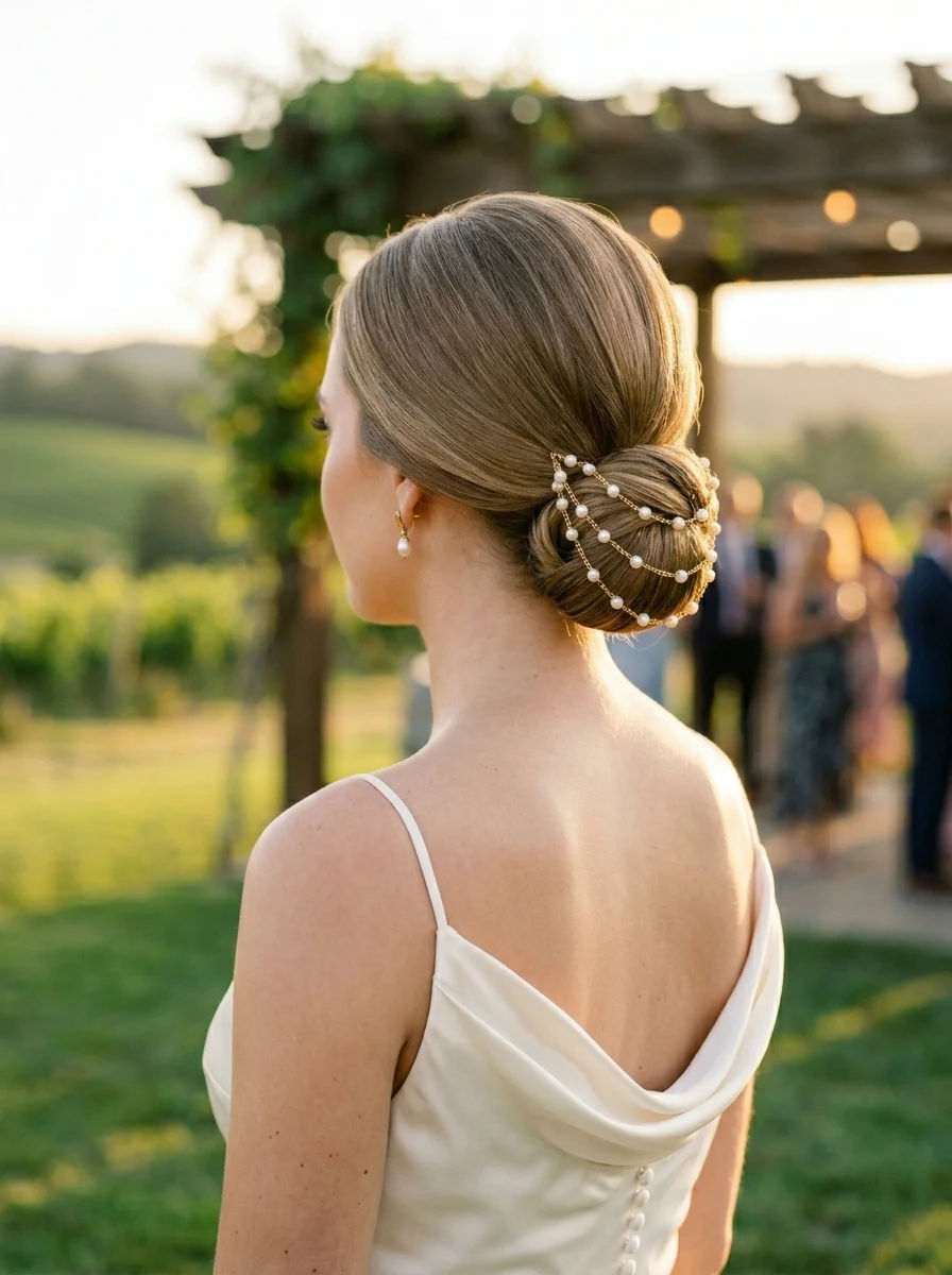 Elegant Low Chignon with Pearl Embellishment